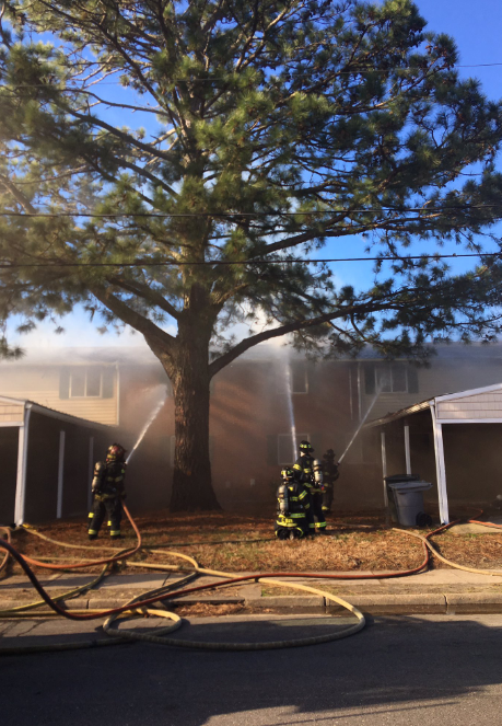 A two-alarm fire damaged five apartments this morning in Hampton, displacing 12 adults, 20 children and several pets.    