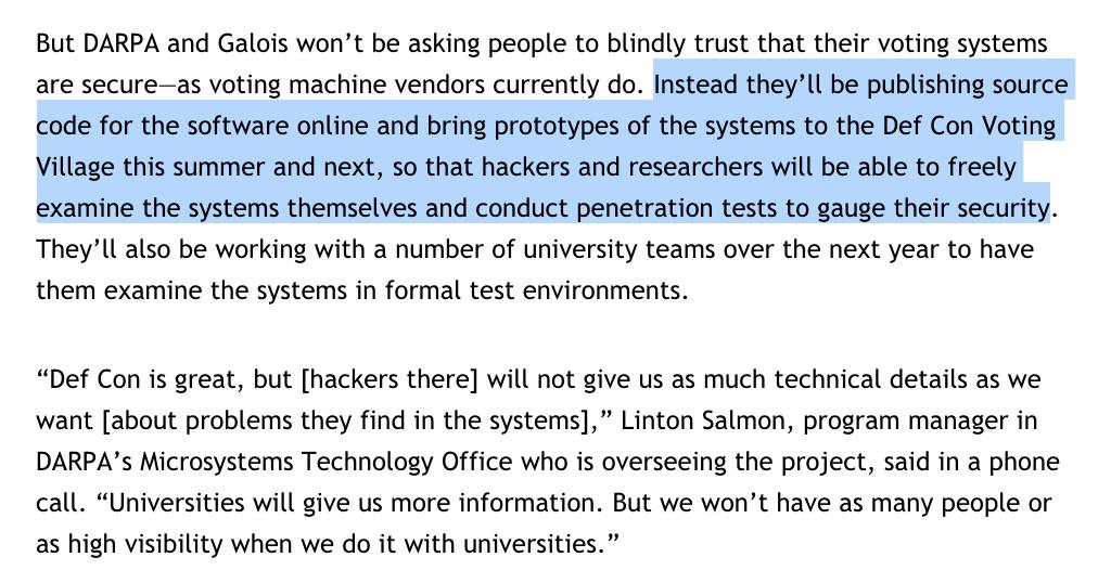 DARPA is building a $10 million, open source, secure voting system. Will be at the Def Con electing hacking village too.      
