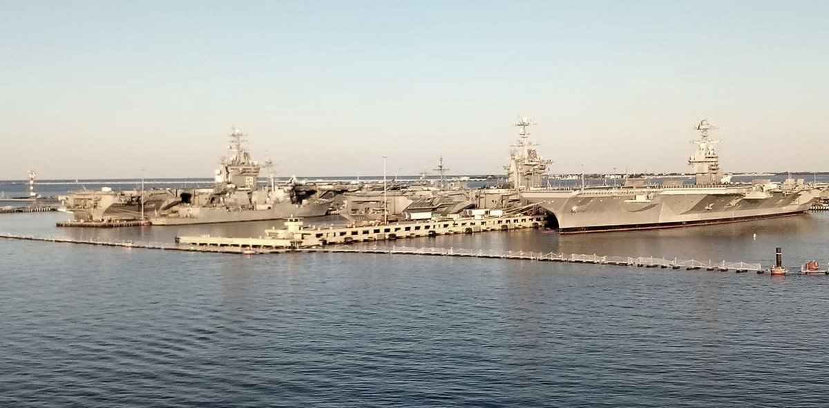 Three US Navy carriers at Norfolk naval base on Sunday 3 Nov - L-R: DWIGHT D EISENHOWER CVN69, HARRY S TRUMAN CVN75 and GERALD R FORD CVN78. When each of these ships will deploy is currently a matter of discussion and speculation. Courtesy Thomas Epps