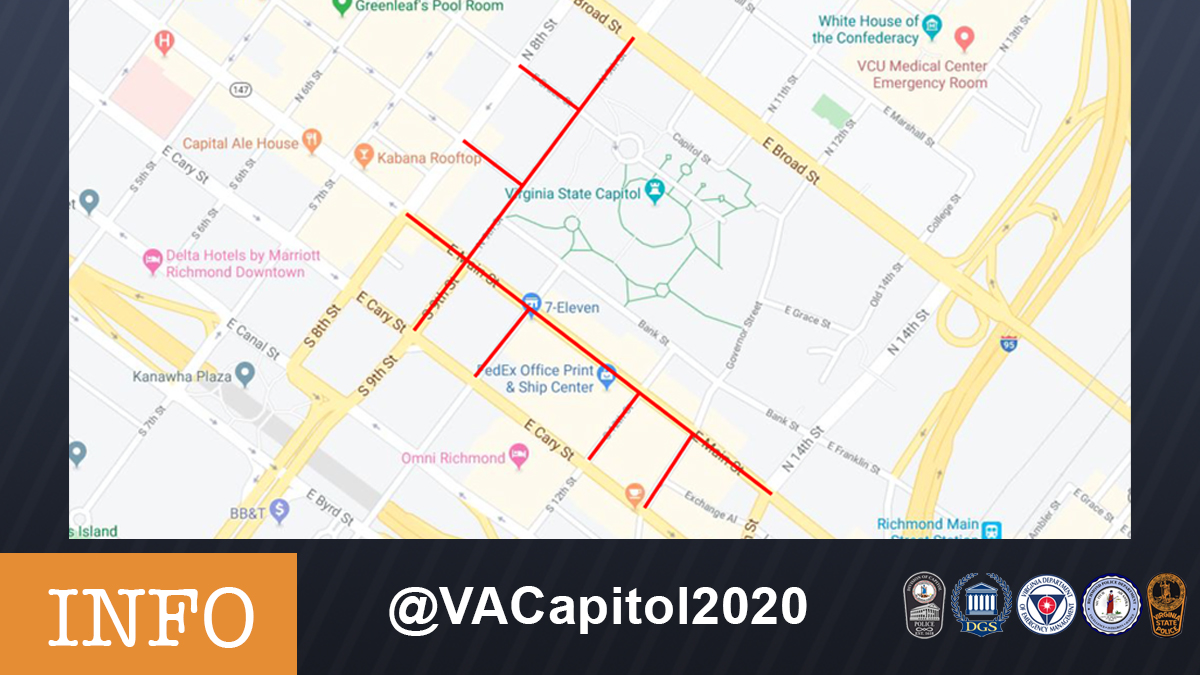 Richmond, V.A.: Road closures will be in effect from from 8 a.m. to 4 p.m. today. Please plan accordingly. Note: On Broad Street, one lane is open in each direction from 7th Street to 11th Street