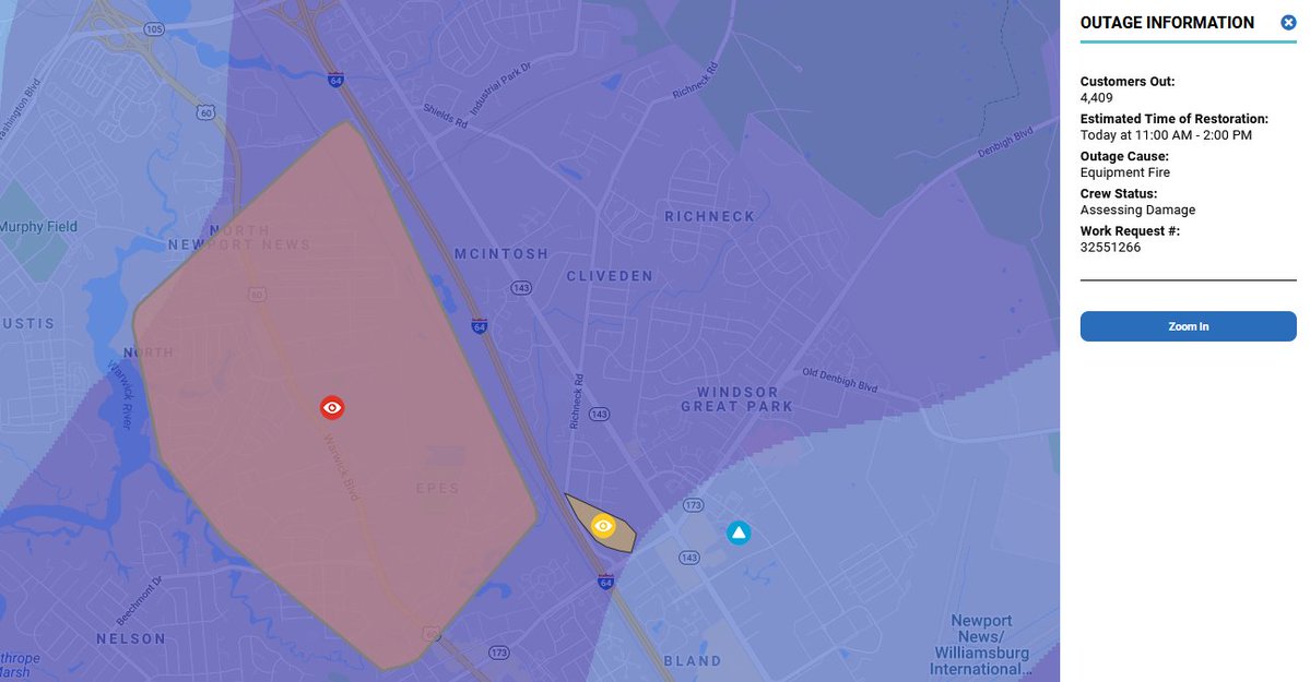 Nearly 5,000 people are without power in Newport News.   The outage in the red area is due to an equipment fire, Dominion says. Restoration time estimate: 11 a.m. - 2 p.m. 
