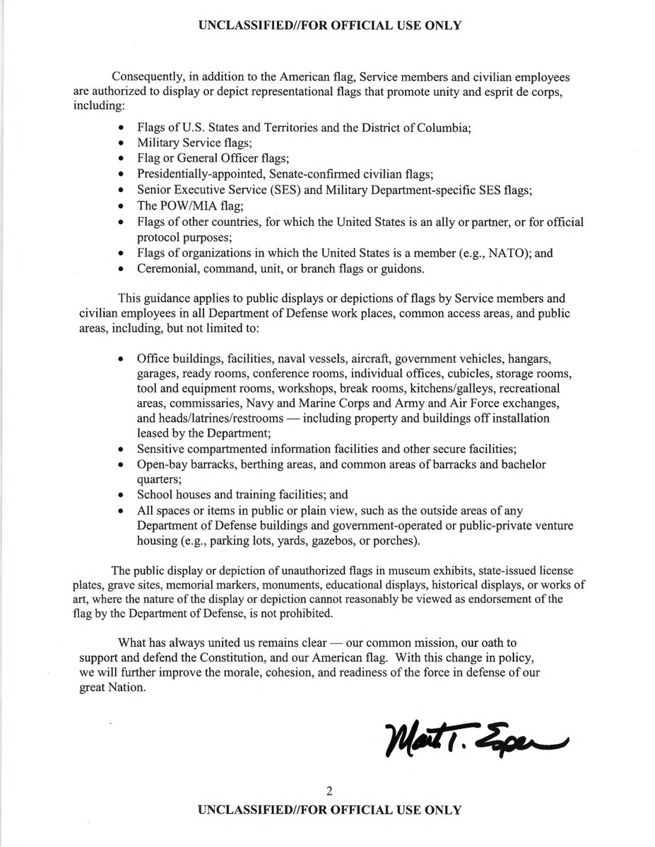 Esper: Today I issued a memorandum to the force on the display of flags at @DeptofDefense facilities. With this change in policy, we will further improve the morale, cohesion, and readiness of the force in defense of our great Nation