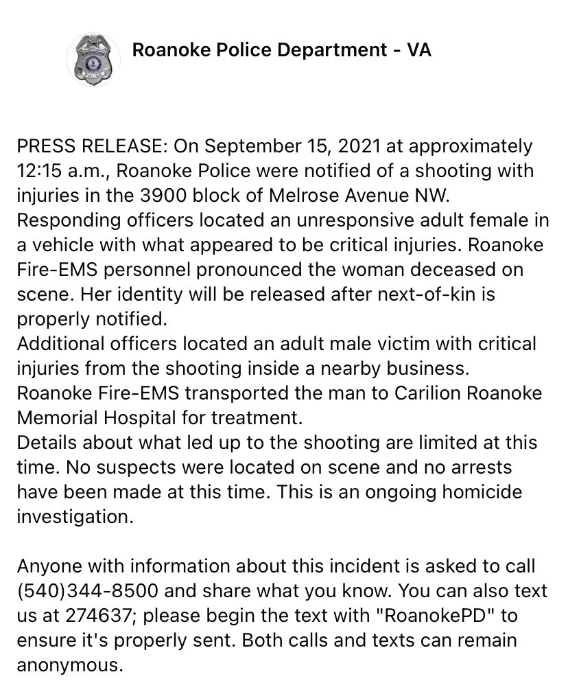 RPD is investigating a homicide that occurred in the 3900 block of Melrose Ave NW. An adult female is dead, and another adult male is being treated for serious injuries. Please see the release below for more info