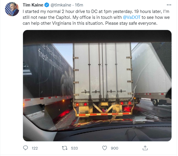 Virginia Sen. Tim Kaine is stuck in the I-95 shutdown.