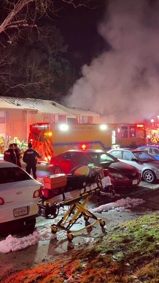 there are no deaths and no injuries associated with this fire, but look at how active this scene is.   Smoke billowing up towards the sky at Chesterfield Village Apartments. Crews shooting water through the roof.