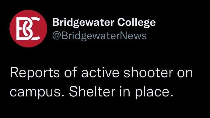 Active shooter reported on campus at Bridgewater College in Virginia  Bridgewater l VA University officials are aware, and have placed the entire campus on lockdown. Police are now en route.