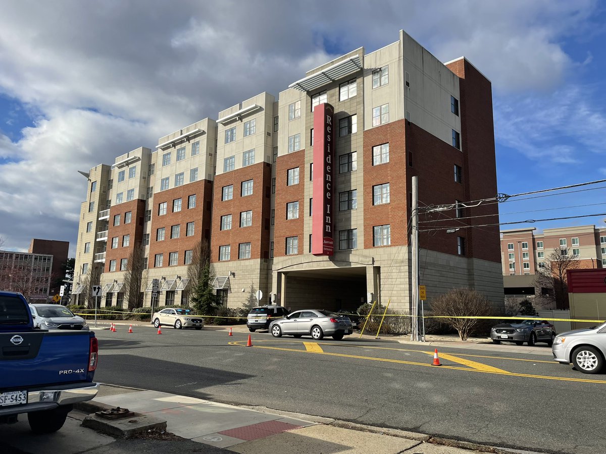 The @FairfaxCountyPD are on the scene of a shooting at the Residence Inn on Backlick Road in Springfield. The Dodge Challenger has several bullet holes in it