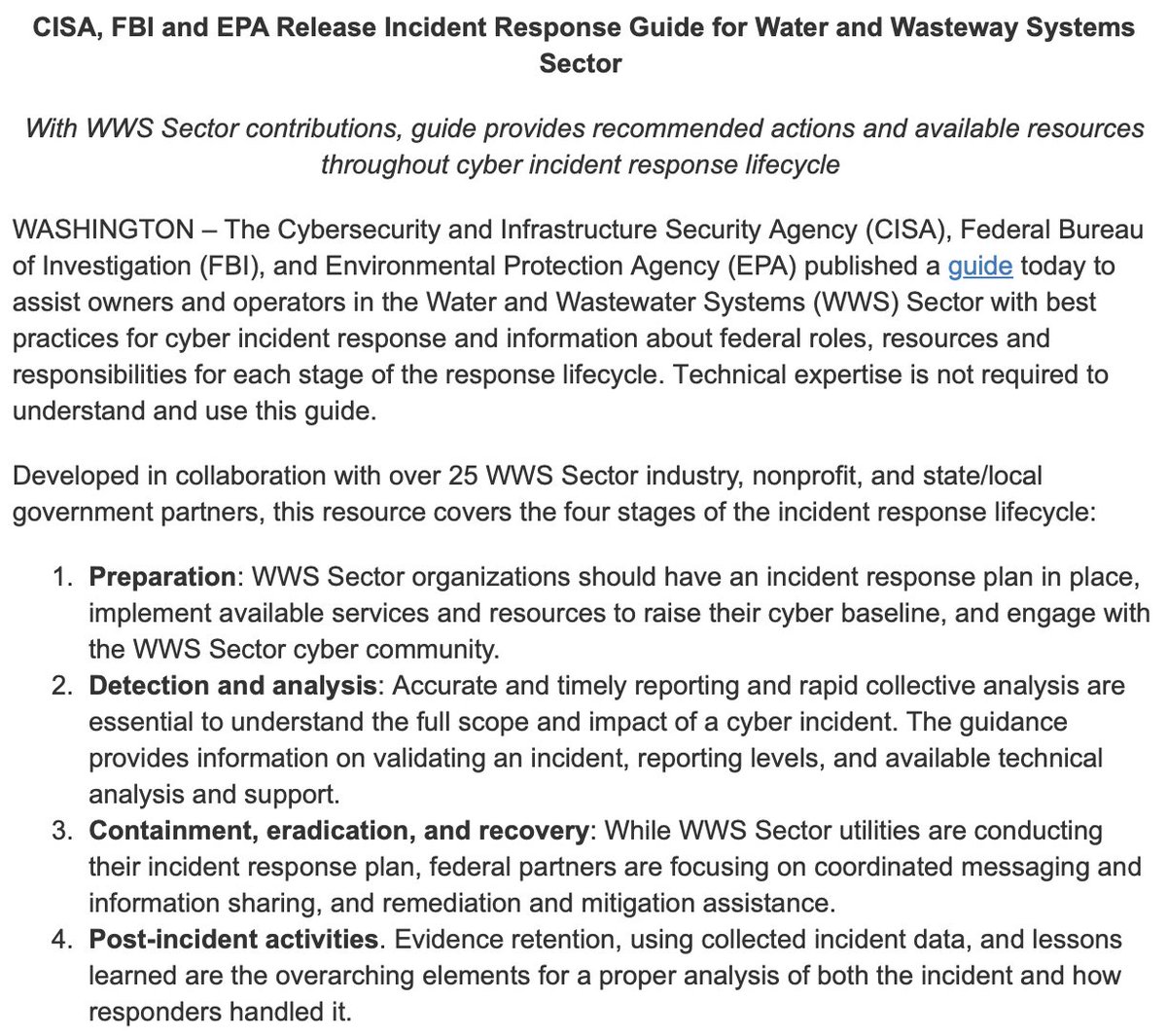 US bracing for more cyberattacks on the country's Water and Wastewater (WWS) Sector @CISAgov @FBI @EPA issues new guide for incident response/improved resilienceCyber threats “a real & urgent risk to safe drinking water & wastewater services per EPA Asst Adm Radhika Fox