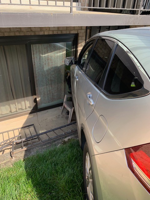 APD Officers are on scene at 308 S. Whiting where a single vehicle has crashed into an apartment building. No injuries are reported. An investigation is underway