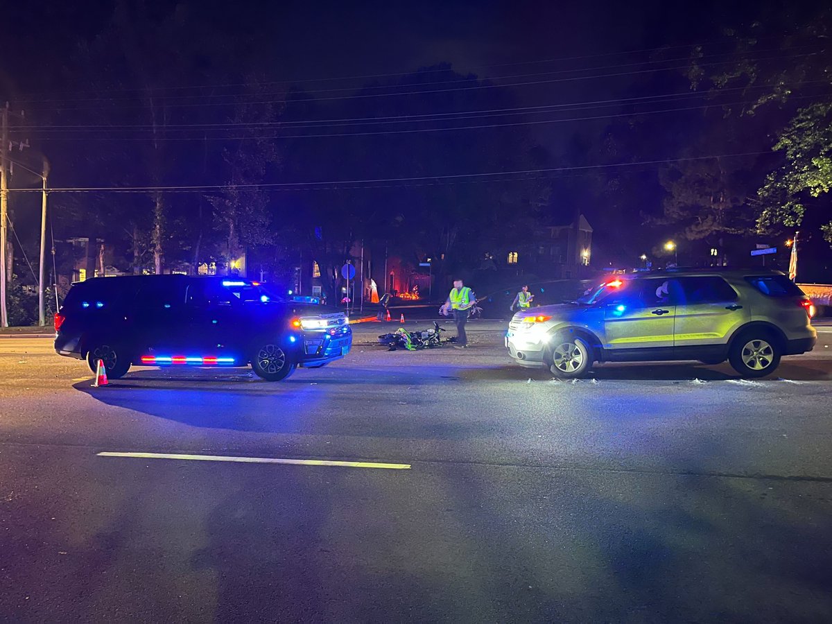 Officers are on scene of a two vehicle crash involving a motorcycle and a sedan at Braddock Rd & Carriagepark Rd near Kings Park West. One driver, an adult man, was taken to the hospital in life-threatening condition. CRU detectives are enroute to investigate