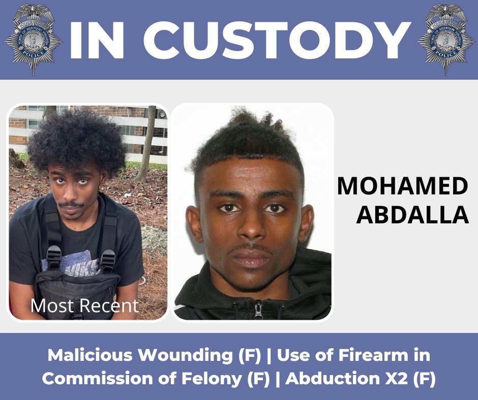 Mohamed Abdalla was taken into custody without incident tonight. He is charged with 4 felonies: malicious wounding, use of a firearm in commission of felony, and two counts of abduction. Additional details will be provided in the morning pending additional&hellip;Police search for suspect linked to shooting at busy Virginia shopping center