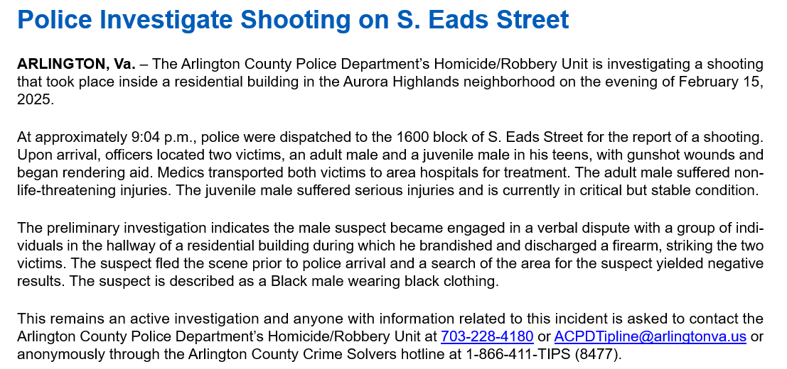 Double shooting last night at Crystal Towers, 1600 S. Eads Street.Shooting update 2: S. Eads Street between 15th and 18th in Crystal City remains closed as @ArlingtonVaPD  continue to investigate tonight's shooting.