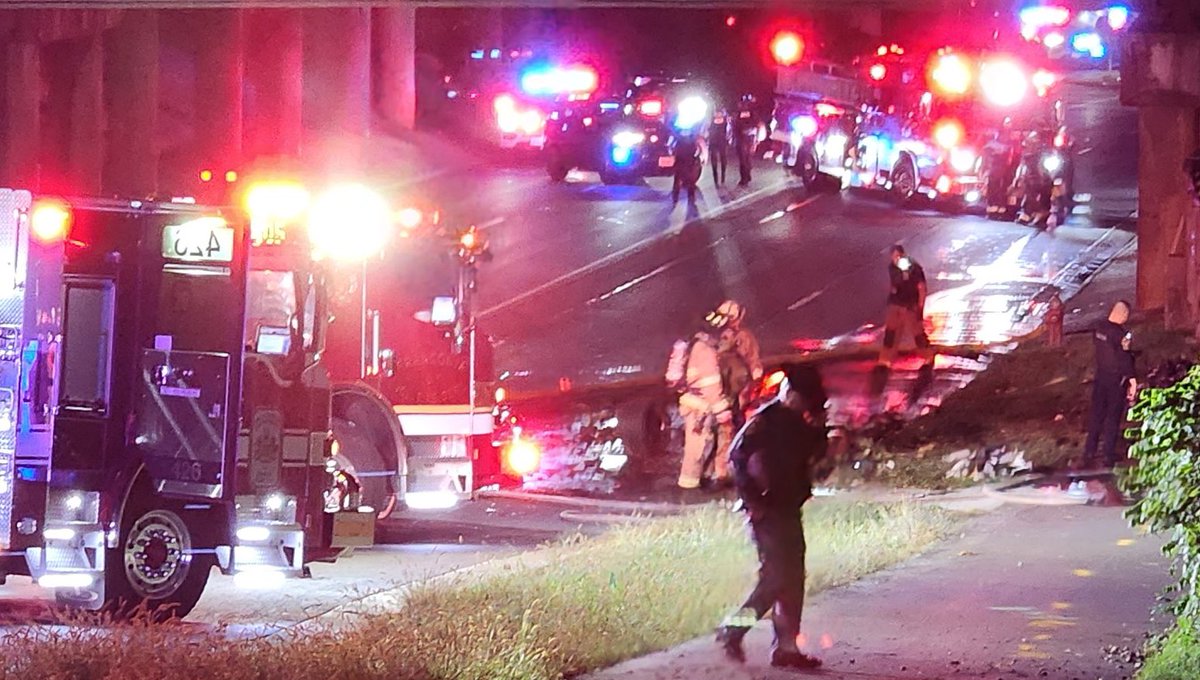 Outerloop of I-495 at South Van Dorn Street in Franconia— a car flipped over on the Beltway and landed down on S Van Dorn Street, instantly catching fire. Two people in the car were reportedly ejected,