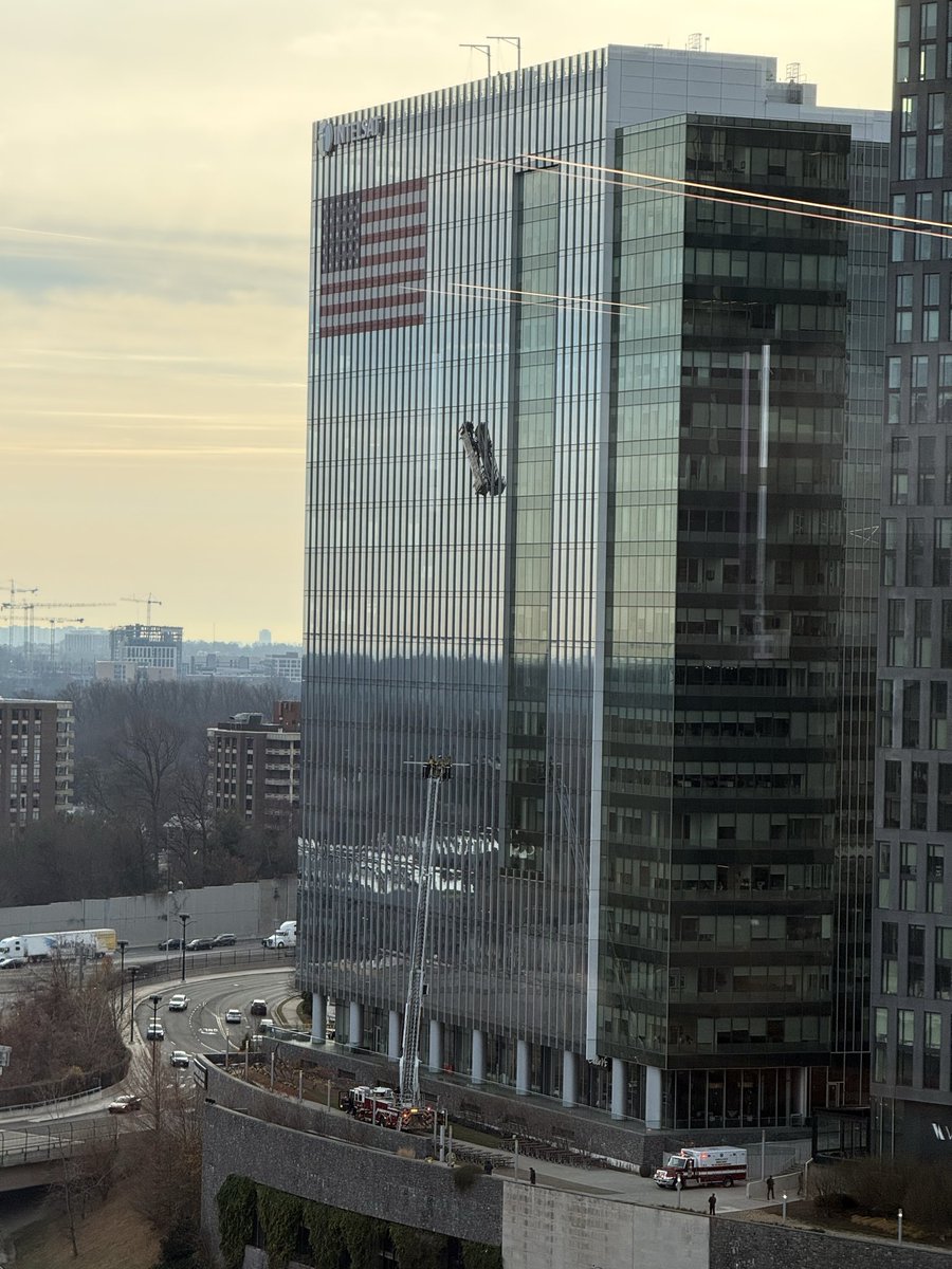TWO WORKERS RESCUED FROM WINDOW CLEANING CART ON 15TH FLOOR: 7900 Bl. of Tysons One Pl. @ffxfirerescue on scene with a technical rescue. A window cleaning cart has broken on the 15th floor and hanging. Two workers were stuck and have since been rescued. No injuriesLooks like a window washer platform broke outside the Intelsat building in Tysons