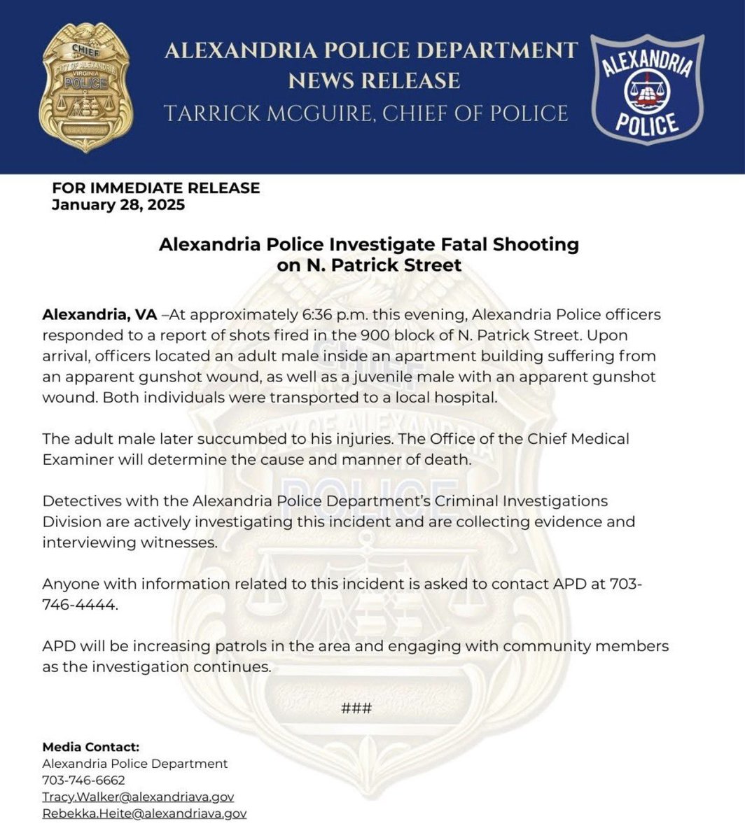 Adult male killed, juvenile boy injured after a double shooting in Old Town Alexandria earlier this evening Alexandria Police are currently investigating a shooting on the 900 block of North Patrick Street this evening A male was shot and taken to the hospital with a gunshot wound.  