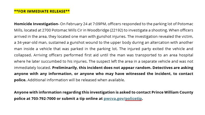 A 34 year-old male is dead after being shot inside of a car in the parking lot of the Potomac Mills shopping center in Woodbridge, Virginia.The suspect fled after the shooting and has not been identified as of now. 