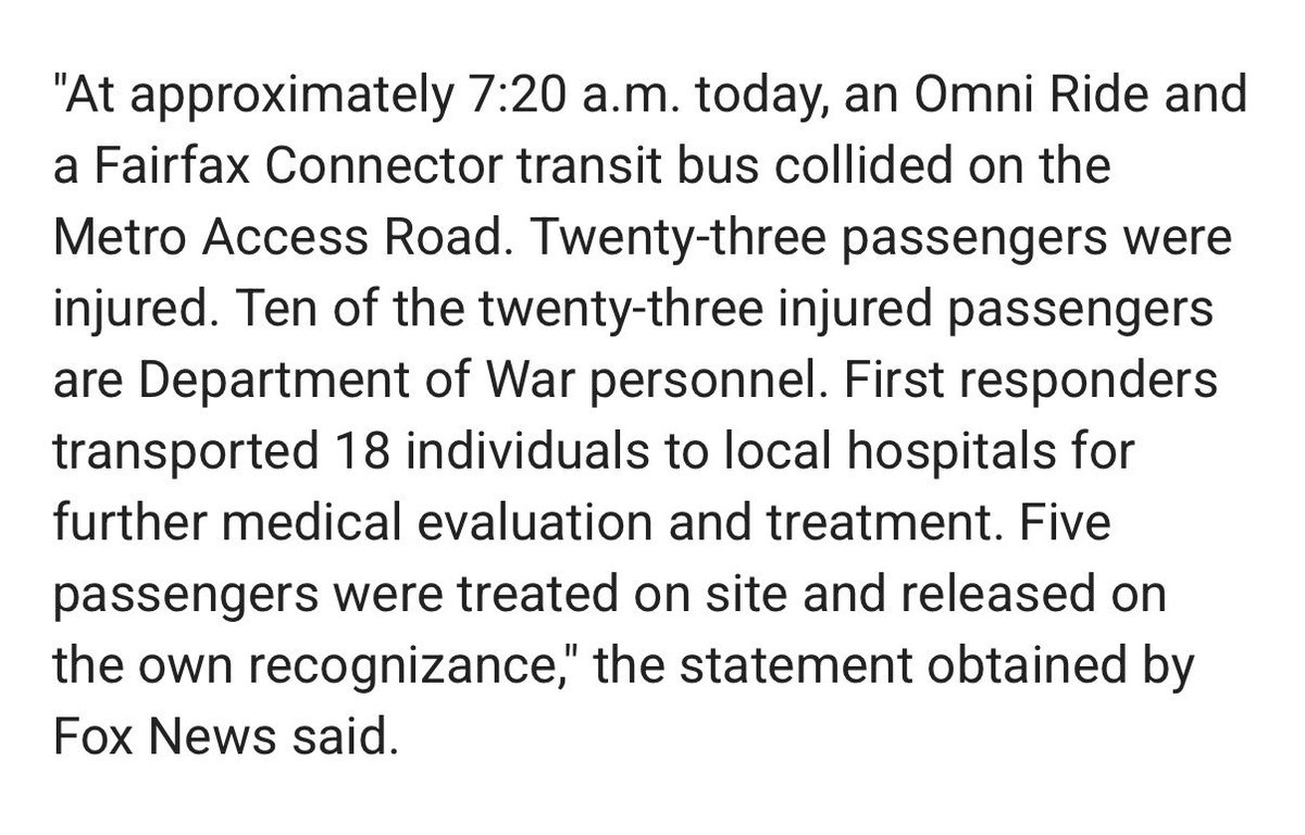 At least 23 passengers injured, including 10 personnel, after 2 metro buses collide at Pentagon Transit Center in Arlington, Virginia, according to statement obtained by Fox News.
